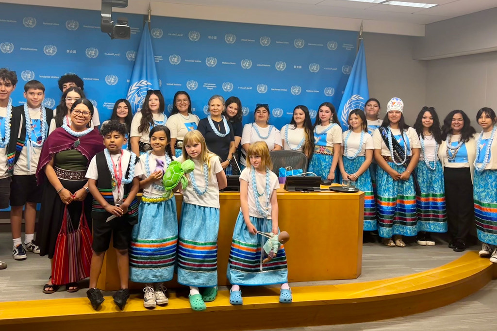 Indigenous youth from Wisconsin, USA, meet with UN Social Affairs Officer Mirian Masaquiza Jerez and Brenda Reynolds, a recipient of the 2025 United Nations Nelson Rolihlahla Mandela Prize, at Headquarters in New York.