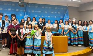 Indigenous youth from Wisconsin, USA, meet with UN Social Affairs Officer Mirian Masaquiza Jerez and Brenda Reynolds, a recipient of the 2025 United Nations Nelson Rolihlahla Mandela Prize, at Headquarters in New York.