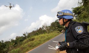 A Chinese UN peacekeeper operates a video drone during a patrol in Liberia. (file)