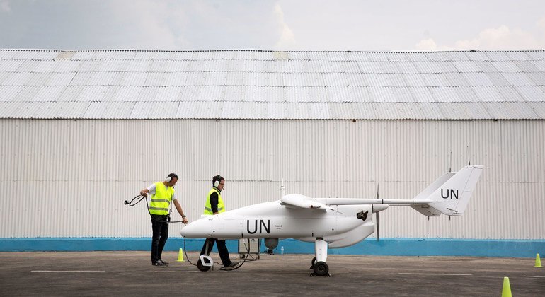 Ndege isiyokuwa na rubani au drone ikijiandaa kupaa huko Goma, Jamhuri ya Kidemokrasia Kongo -DRC