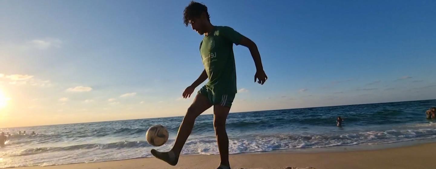 Mohamed Abu Jalda practices on the beach in the southern Gaza Strip.