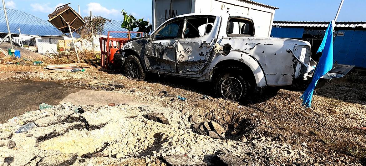 A crater marks the impact of an explosion at the UNIFIL headquarters in Naqoura.