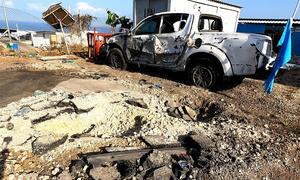 A crater marks the impact of an explosion at the UNIFIL headquarters in Naqoura.