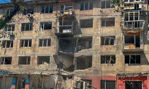 A damaged residential building in Kyiv, Ukraine.