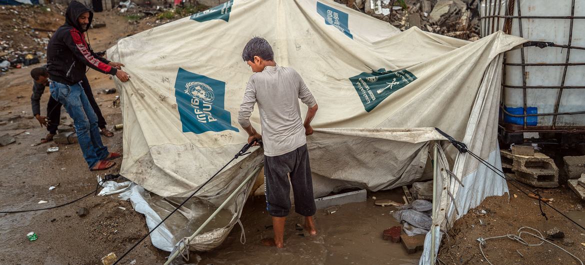 A child helps to pitch his family's tent after it collapsed during heavy rain in Gaza. A child helps to pitch his family's tent after it collapsed during heavy rain in Gaza.