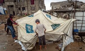 A child helps to pitch his family's tent after it collapsed during heavy rain in Gaza.