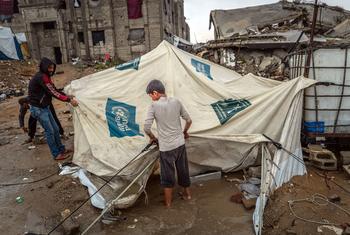 A child helps to pitch his family's tent after it collapsed during heavy rain in Gaza.