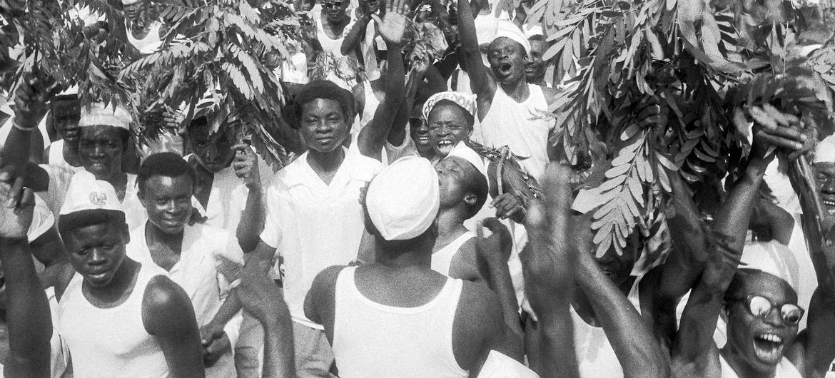 Voters in what was previously known as French Togoland in West Africa celebrate the election of a new Chamber of Deputies in 1958, a step towards an independent Togo.