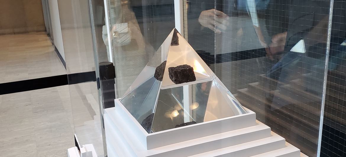 A four-ounce rock from the Moon, brought back by the Apollo 11 astronauts, is on display at UN Headquarters.