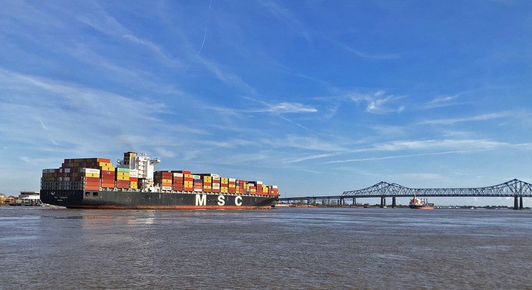 A container ship arrives in New Orleans in the United States.
