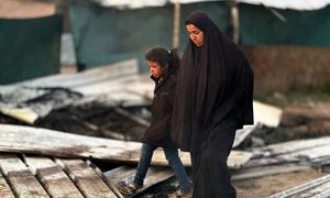 A woman and child walk through the rubble of Gaza.