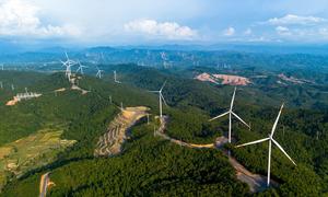 Power-generating windmills line the hills of  Quang Tri Province, Viet Nam.