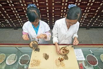 Mujeres preparando una receta herbolaria en una clínica de medicina tradicional de Simao, en Yunán, China.