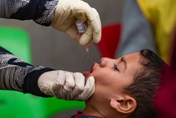 Un enfant reçoit un vaccin contre la polio en Syrie.