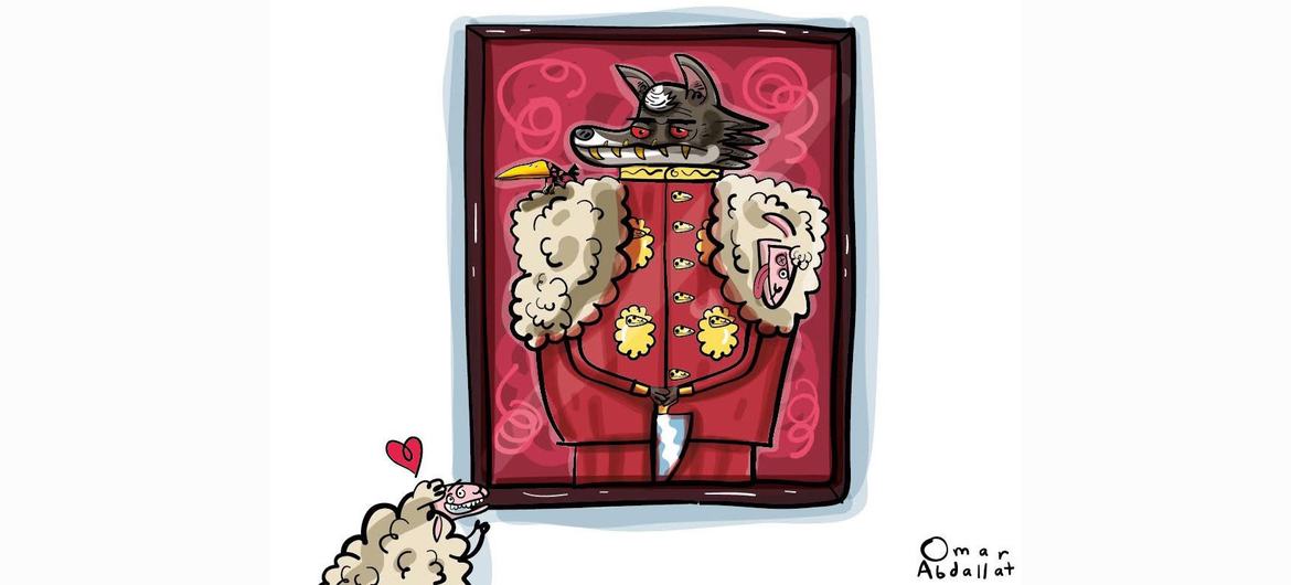 Une illustration animée d'un loup en uniforme rouge avec des figures semblables à des moutons autour, signée par Omar Abdallat. L'image symbolise la créativité et l'expression de soi par le biais de dessins animés, en particulier pour les jeunes dans les camps de réfugiés.