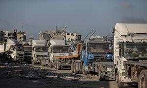 Trucks carrying relief aid inside Gaza wait for  authorisation to proceed. (file)