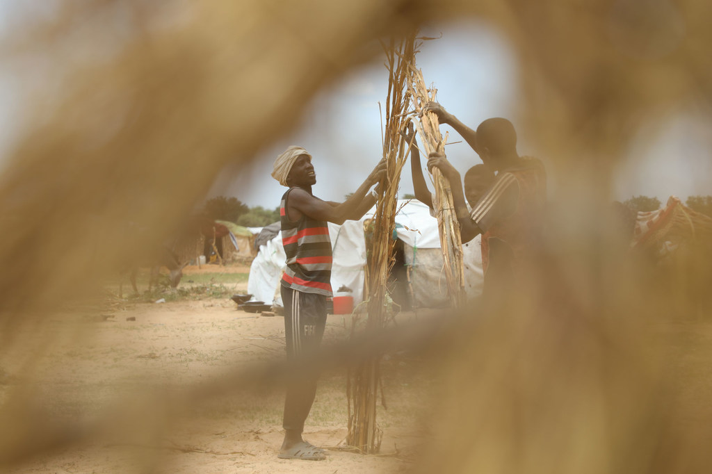 Des réfugiés soudanais construisent un abri au camp de Zabout à Goz Beida, au Tchad.