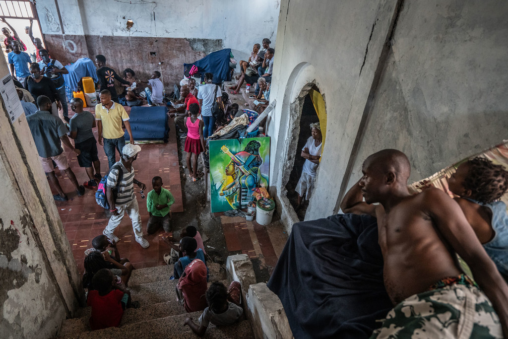 People who have fled their homes due to insecurity find shelter at a theatre in downtown Port-au-Prince.
