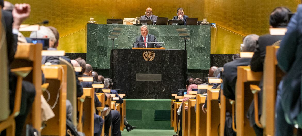 UN Secretary-General António Guterres (at podium) addresses the opening of 78th session of the General Assembly annual debate. (file)