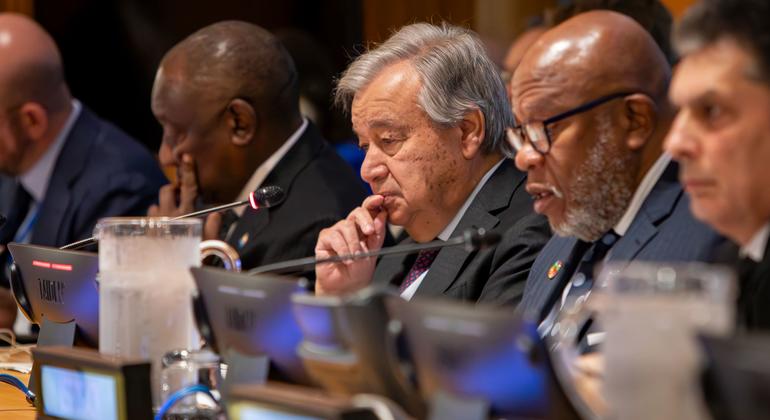 The UN Secretary-General, António Guterres (centre) and the President of the General Assembly (2nd right) Dennis Francis attend the  High-level Dialogue on Financing for Development at UN Headquarters.