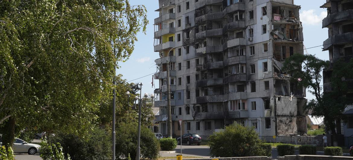 A building in central Borodianka remains heavily damaged following missile strikes.