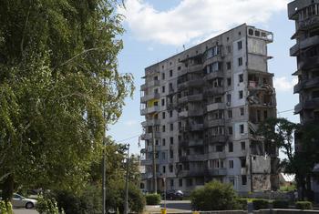 A building in central Borodianka remains heavily damaged following missile strikes.