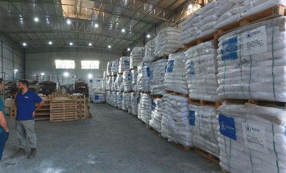 Food is stored in a WFP warehouse prior to distribution.