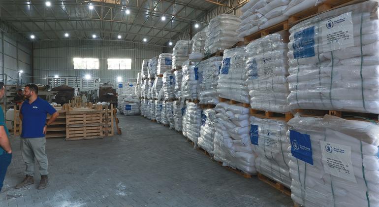 Food is stored in a WFP warehouse prior to distribution.