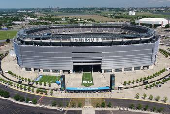 An aerial view of the MetLife Stadium in East Rutherford, New Jersey, on a sunny day.