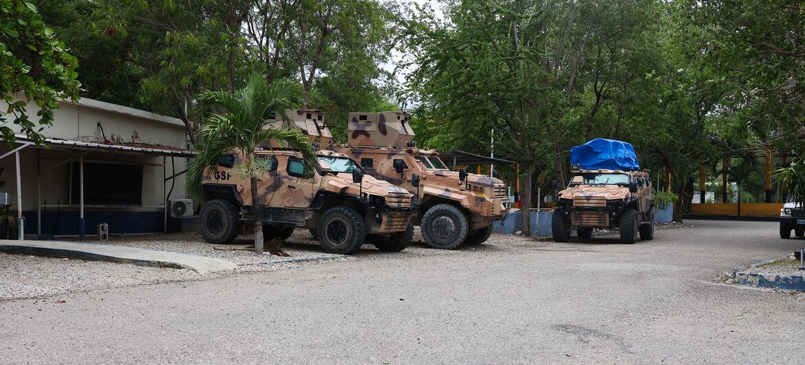 Armored military vehicles with GSF markings parked at Camp Verti&egrave;res, a base in Haiti.