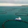 Vue aérienne de bassins d'aquaculture circulaires en mer à Berufjörður, en Islande, avec un bateau de pêche amarré à l'un des bassins.