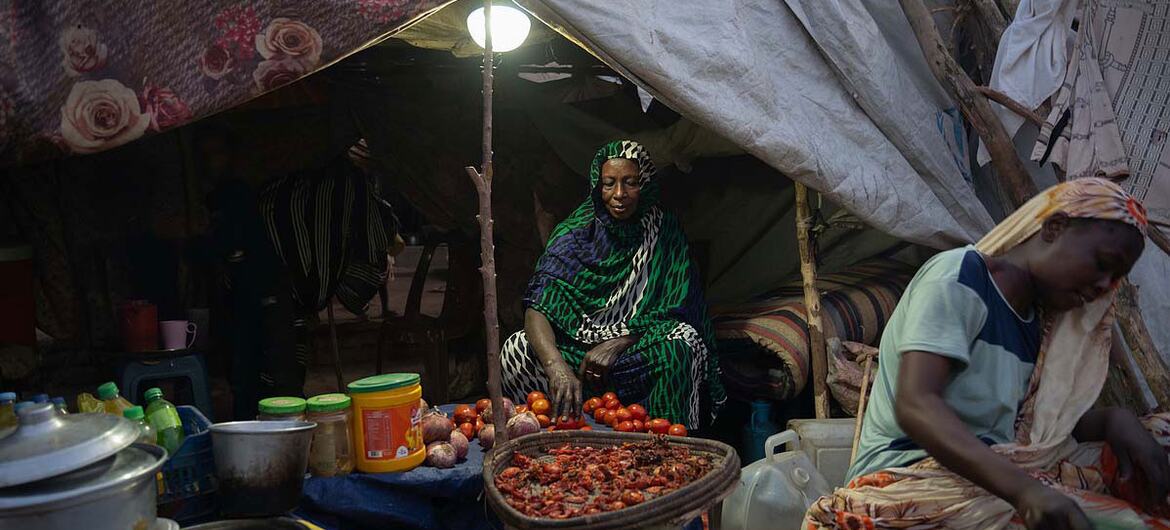 A woman selling tomatoes from a makeshift shelter powered by a solar light in an IDP camp in Sudan.