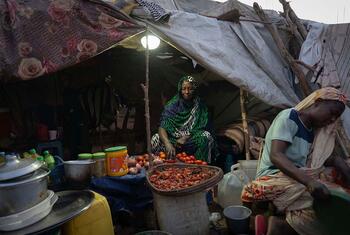 A woman selling tomatoes from a makeshift shelter powered by a solar light in an IDP camp in Sudan.