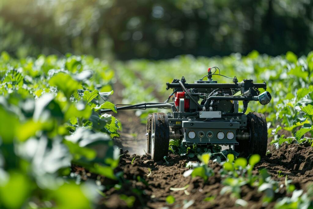 Un robot agricole automatisé se déplace dans un champ de cultures vertes, prenant soin du sol et des plantes.