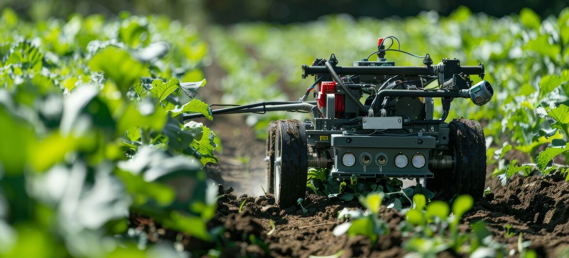 Un robot agricole automatisé se déplace dans un champ de cultures vertes, prenant soin du sol et des plantes.