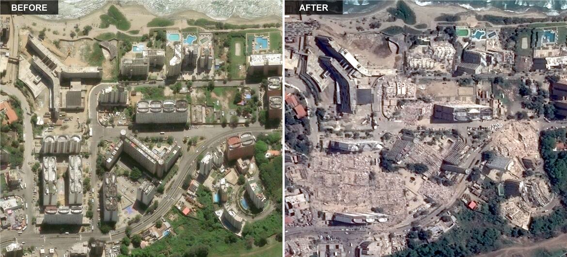 Comparação de imagens de satélite de antes e depois de uma área costeira em Carabobo, Venezuela, mostrando a destruição causada pelos terremotos de junho de 2026.