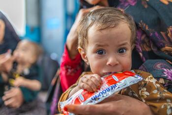 A young child, Zainab, eats Ready-to-Use Therapeutic Food (RUTF) during a follow-up visit at a clinic in Afghanistan.