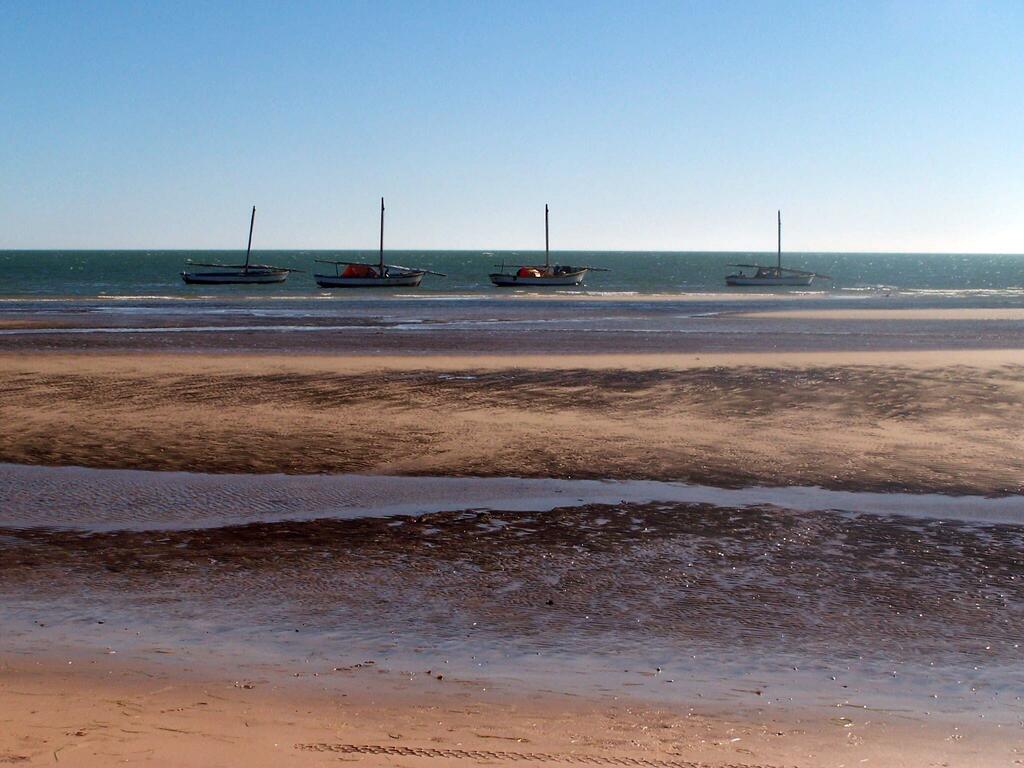 Quatre bateaux de pêche sont échoués sur une vaste vasière sablonneuse sous un ciel d'un bleu limpide.