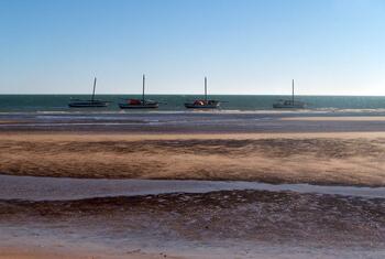 Four fishing boats are beached on a wide, sandy tidal flat under a clear blue sky.