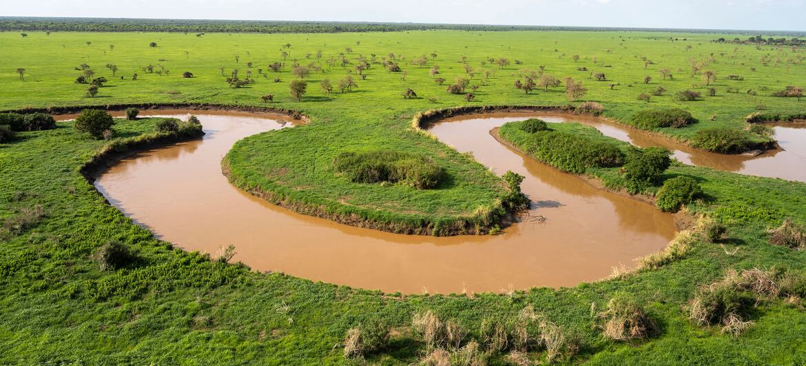 Aerial view of a winding, muddy river through a vast green floodplain and savanna landscape in South Sudan, part of the Boma-Badingilo Migratory Landscape. The scene includes seasonally flooded grasslands, wetlands, and scattered trees under a bright sky.