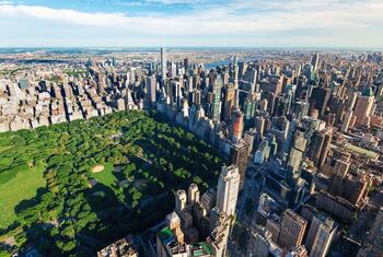Aerial view of Central Park and the Midtown Manhattan skyline in New York City.