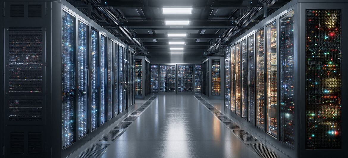 A long data center aisle lined with tall server racks glowing with blue and multicolored LED indicators under a grid of overhead lights, with a reflective polished floor.