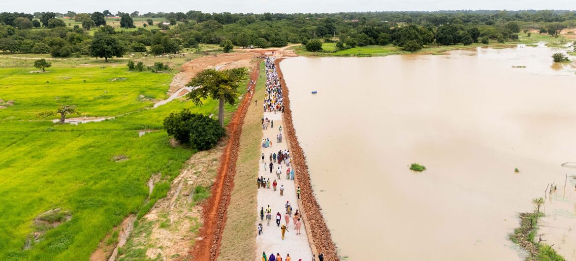 Aerial view of a large group of West African villagers walking along the Torla dam embankment beside a muddy reservoir in Côte d'Ivoire.