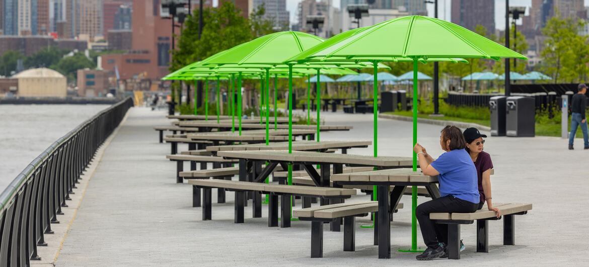 Two women sit at picnic tables under bright green umbrellas on a waterfront promenade along the East River, with the Manhattan skyline in the background.