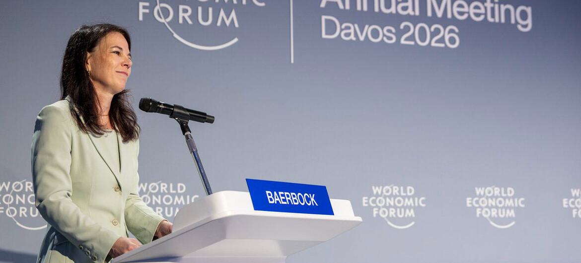 Annalena Baerbock, President of the UN General Assembly, addresses a session on Who Brokers Trust Now? at the World Economic Forum in Davos, Switzerland.