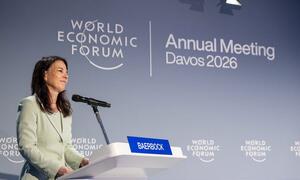Annalena Baerbock, President of the UN General Assembly, addresses a session on Who Brokers Trust Now? at the World Economic Forum in Davos, Switzerland.