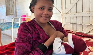 A young mother in Madagascar breastfeeds her newborn at a hospital in the south of the country.