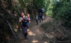 An internally displaced family in eastern Myanmar walks close to the border with Thailand.