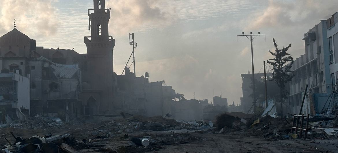 Neighbourhoods in Khan Younis, southern Gaza, lie in ruins.