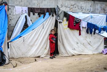 Une jeune fille, dont la famille a été déplacée par le conflit, se tient à l'extérieur de sa tente à Rafah, Gaza.